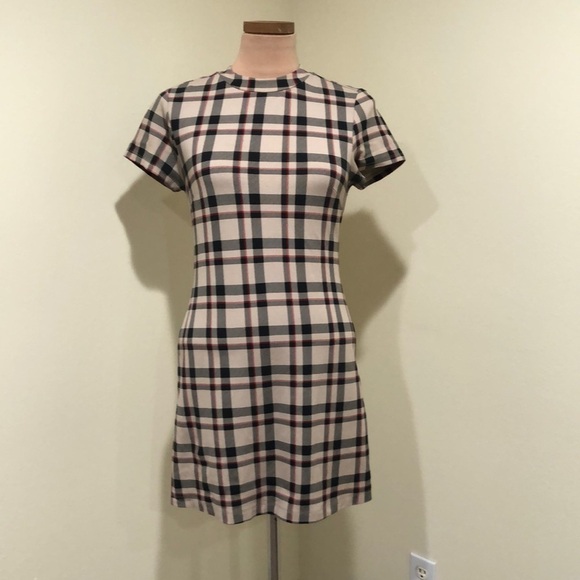 Anthropologie Sanctuary Dress Size Small Petite SP Tan Tartan Plaid Bodycon Mini - Picture 2 of 8